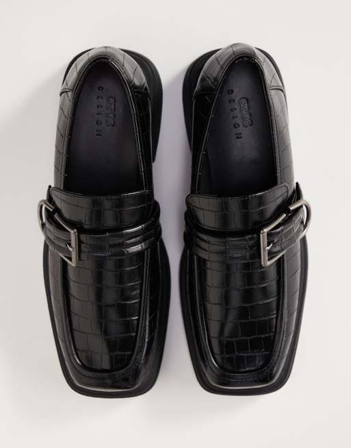 Mocasines negros efecto piel de cocodrilo con suela gruesa y hebilla plateada de ASOS DESIGN, 3 de 4