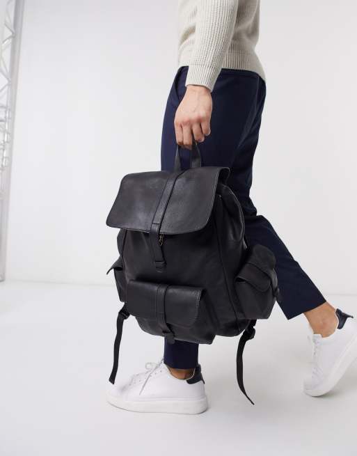 Mochila de cuero negro con m ltiples bolsillos de ASOS DESIGN ASOS