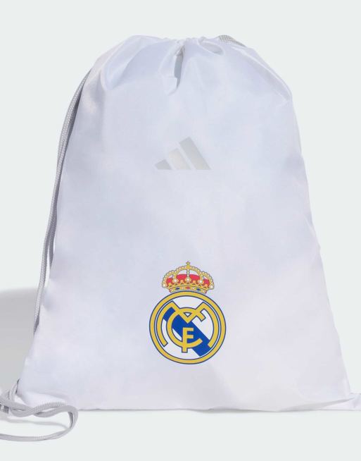 Mochila para el gimnasio blanca y dorado llamativo con diseño de la primera equipación del Real Madrid de adidas Performance