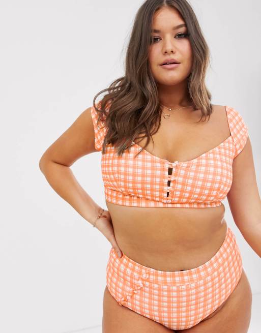 Mod Cloth – Sissone – Orangerutig strukturerad bikiniunderdel med hög midja, 4 av 4
