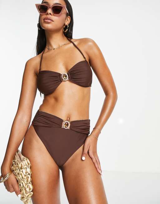 Moda Minx Amour crystal high waist bikini bottom in coffee 