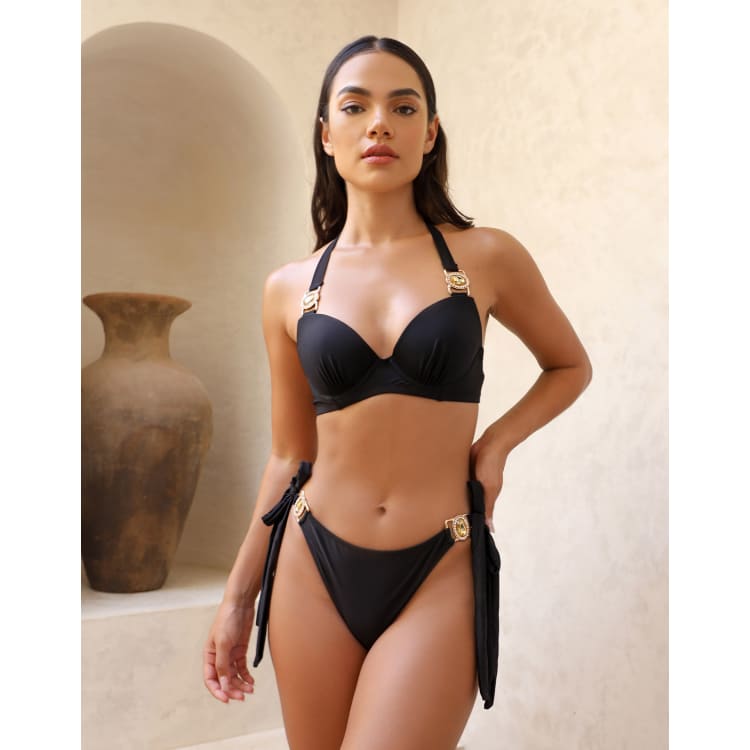 Moda Minx Amour Push up Bikinioberteil in Schwarz mit goldfarbenem Kristallbesatz ASOS