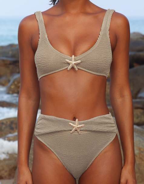 Moda Minx Baylys scrunch high waist bikini bottoms in stone - view 1