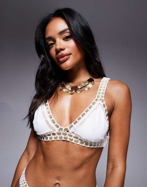 Moda Minx crochet trim bikini top in white and gold - view 1