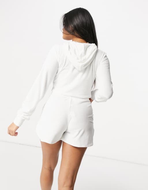 Moda Minx crop hoodie and short co-ord in white towelling, 2 of 4