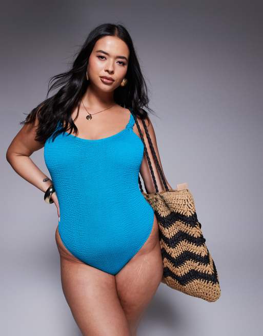 Moda Minx Curve – Badeanzug in Petrol mit Knitterstruktur und Zierknoten, 2 von 4