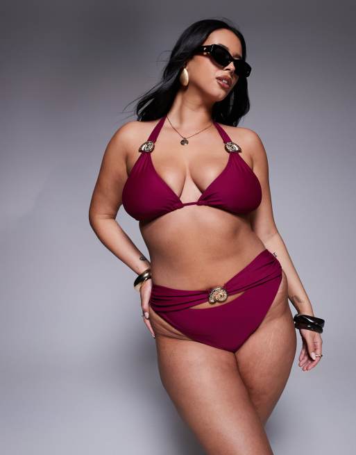 Moda Minx Curve bikini bottom with gold hardware detail in berry, 3 of 4