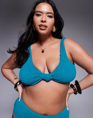 Moda Minx Curve - Blågrøn bikinitop i krølstof med knude foran - view 1