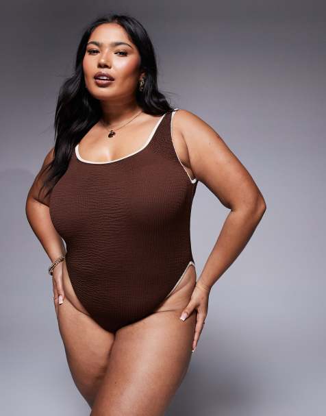 Moda Minx Curve contrast binding swimsuit in brown - view 1