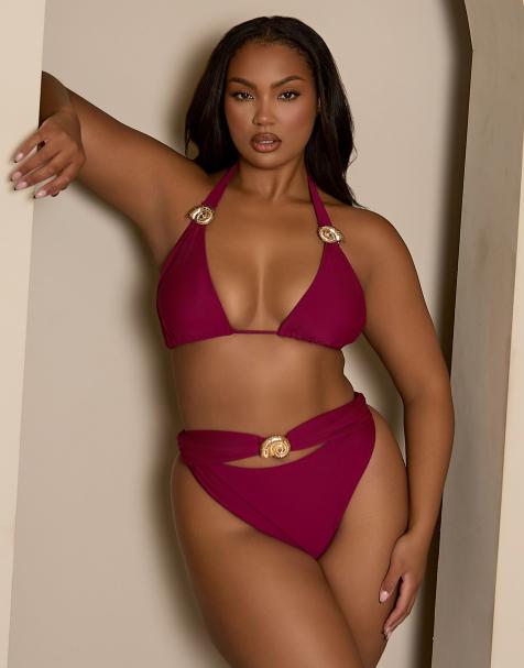 Moda Minx Curve bikini bottom with gold hardware detail in berry