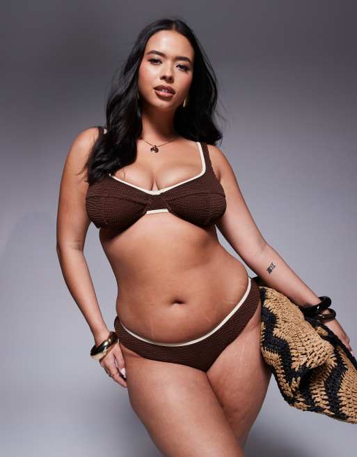 Moda Minx Curve – Marszczony brązowy dół od bikini z kontrastowymi migdałowymi lamówkami, 2 z 4