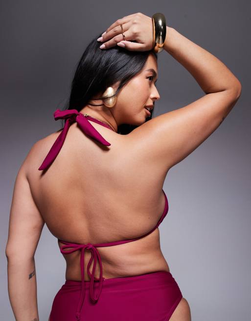 Moda Minx Curve triangle bikini top with gold hardware detail in berry, 3 of 4