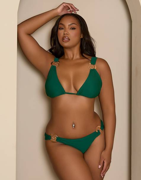 Moda Minx Curve triangle bikini top with gold hardware detail in green