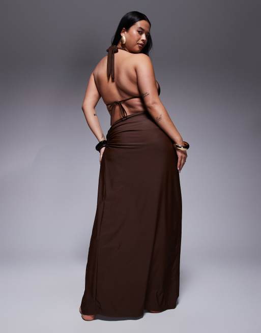 Moda Minx Curve wrap maxi skirt in brown, 4 of 5