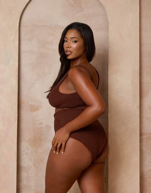 Moda Minx Curve x Alessa Tyrrell-Charles - Bas de bikini effet froissé à taille haute - Café, 3 de 4
