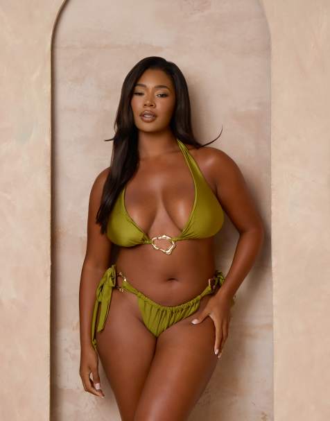 Moda Minx Curve x Alessa Tyrrell-Charles - Bas de bikini noué sur les côtés avec détail effet métal fondu - Olive - view 1