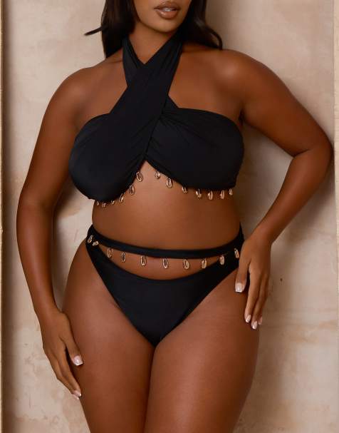 Moda Minx Curve X Alessa Tyrrell-Charles - Bikini met schelpafwerking in zwart - view 1