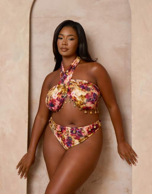 Moda Minx Curve x Alessa Tyrrell-Charles - Bikini multicolor cruzado con estampado floral y detalle de cuentas, 2 de 3