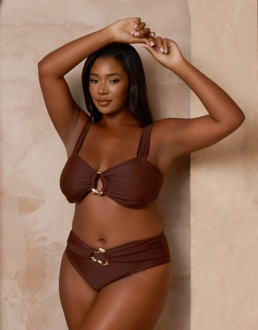 Moda Minx Curve x Alessa Tyrrell-Charles – Brun bikiniunderdel med hög midja och ringdetalj, 3 av 4
