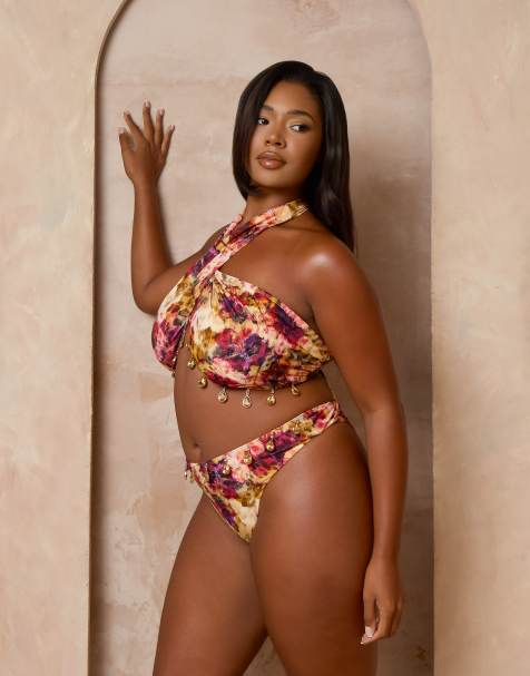 Moda Minx Curve X Alessa Tyrrell-Charles – Flerfärgad, blommig bikini med omlottdesign och pärldetalj - view 1