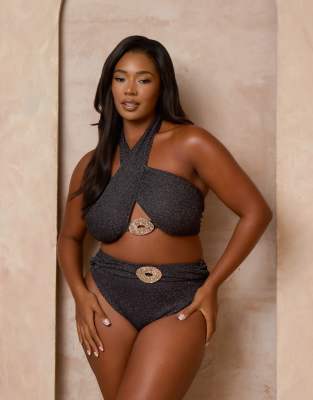 Moda Minx Curve X Alessa Tyrrell-charles Glitter Wrap Bikini Top With Hardware Detail In Black