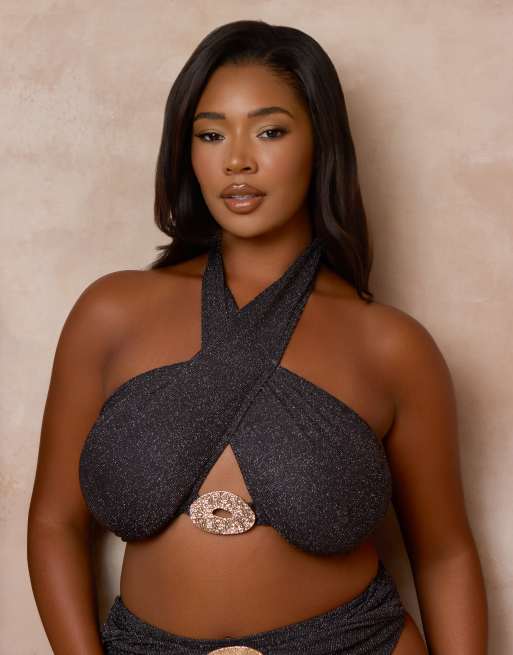 Moda Minx Curve X Alessa Tyrrell-Charles glitter wrap bikini top with hardware detail in black, 2 of 4