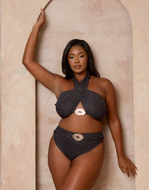 Moda Minx Curve X Alessa Tyrrell-Charles – Glitzernder Wickel-Bikini in Schwarz mit Metalldetail - view 1