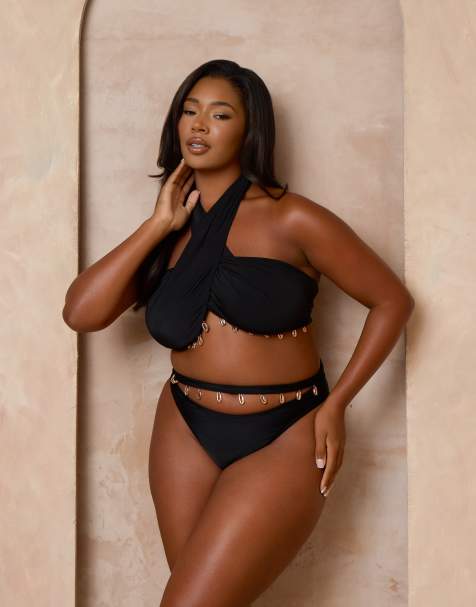 Moda Minx Curve x Alessa Tyrrell-Charles halter bikini top with shell trim in black - view 1