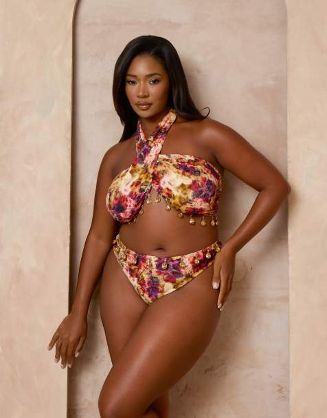 Moda Minx Curve x Alessa Tyrrell-Charles - Haut de bikini enveloppant à imprimé fleurs et perles - Multicolore - view 1