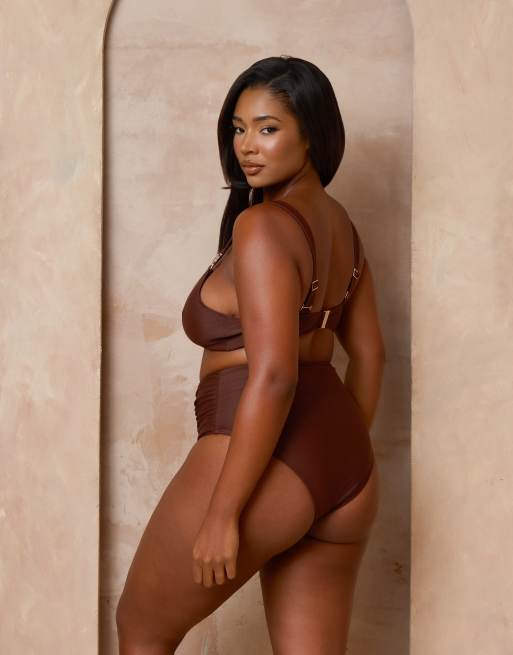 Moda Minx Curve X Alessa Tyrrell-Charles - Haut de bikini noué devant avec détails ornés de cristaux - Café, 4 de 4
