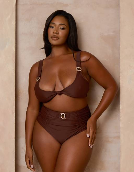 Moda Minx Curve X Alessa Tyrrell-Charles knot front bikini with gem detail in coffee, 3 of 3