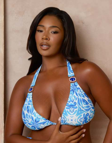 Moda Minx Curve X Alessa Tyrrell-Charles - Mykonos - Blå trekantsbikinitop med print - view 1