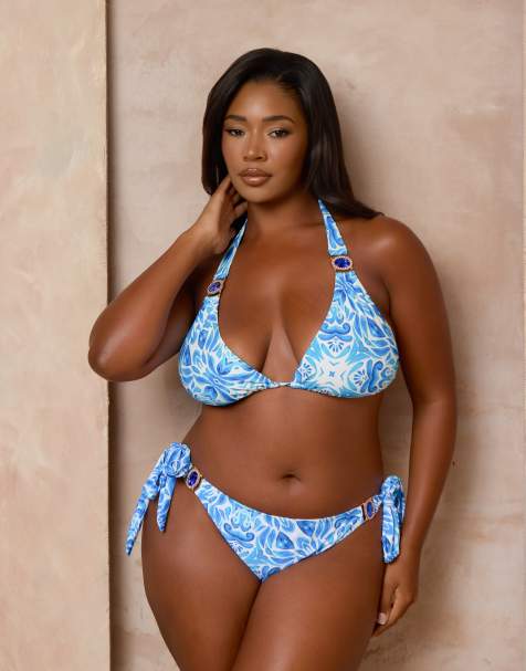 Moda Minx Curve X Alessa Tyrrell-Charles Mykonos print bikini in blue - view 1
