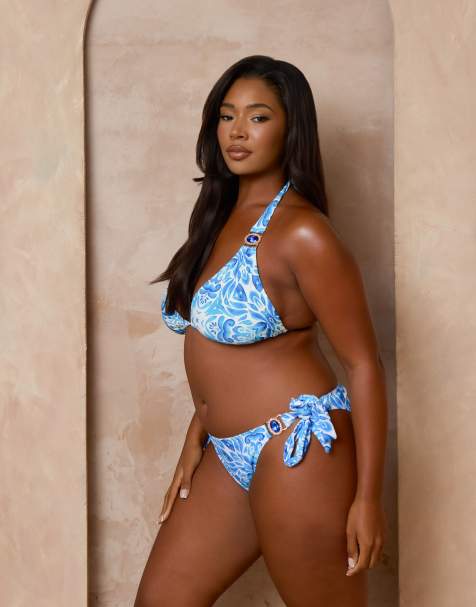 Moda Minx Curve x Alessa Tyrrell-Charles Mykonos print tie side bikini bottom in blue - view 1