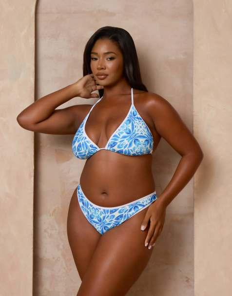 Moda Minx Curve X Alessa Tyrrell-Charles Mykonos print triangle bikini top in blue - view 1