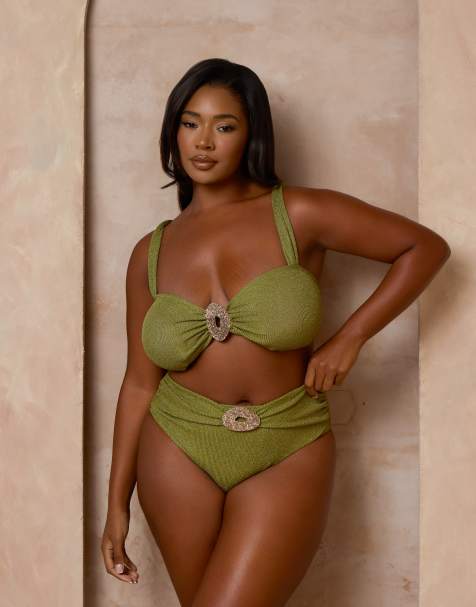 Moda Minx Curve X Alessa Tyrrell-Charles - Olivengrønne slå-om-bikinitrusser med glimmer - view 1