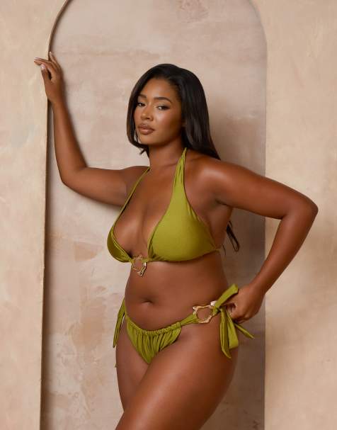 Moda Minx Curve x Alessa Tyrrell-Charles – Oliwkowe bikini z metalowymi detalami z efektem stopienia - view 1