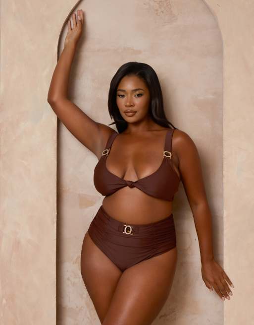 Moda Minx Curve X Alessa Tyrrell-Charles knot front bikini with gem detail in coffee, 2 of 3