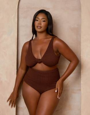 Moda Minx Curve X Alessa Tyrrell-charles Scrunch Bralet Bikini Top With Knot Detail In Brown