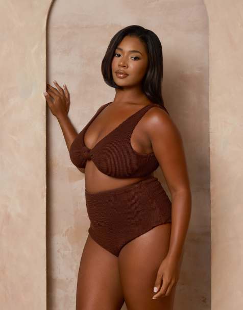 Moda Minx Curve X Alessa Tyrrell-Charles scrunch high waist bikini bottoms in coffee - view 1