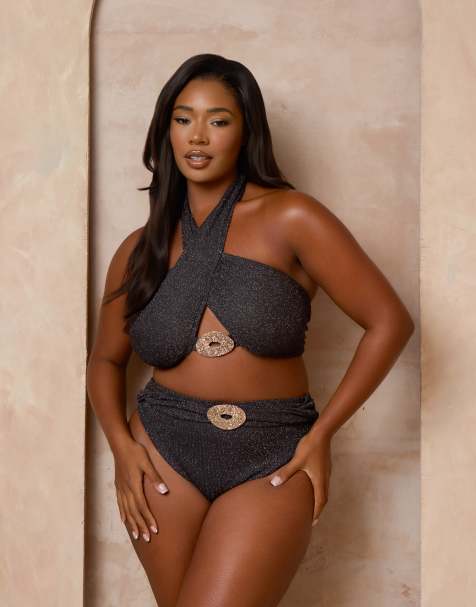 Moda Minx Curve X Alessa Tyrrell-Charles - Sort slå-om-bikinitop med metaldetaljer og glimmer - view 1