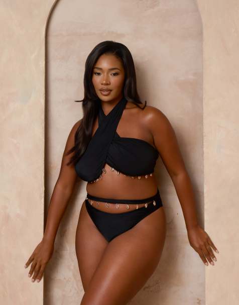 Moda Minx Curve x Alessa Tyrrell-Charles – Svart bikiniunderdel med hög midja och snäckskalsdetaljer - view 1
