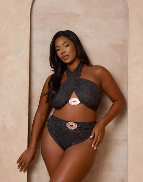 Moda Minx Curve X Alessa Tyrrell-Charles – Svart, glittrig bikiniunderdel med omlottdesign - view 1