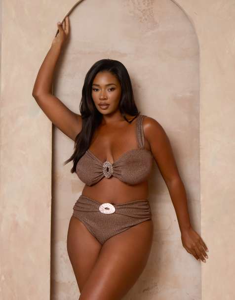 Moda Minx Curve x Alessa Tyrrell-Charles – Szarobrązowy brokatowy kopertowy dół od bikini - view 1