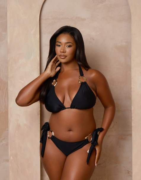 Moda Minx Curve X Alessa Tyrrell-Charles tieside bikini bottom with molten hardware detail in black - view 1