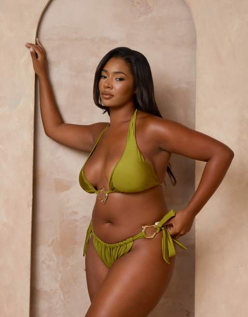 Moda Minx Curve X Alessa Tyrrell-Charles tieside bikini bottom with molten hardware in olive, 3 of 4