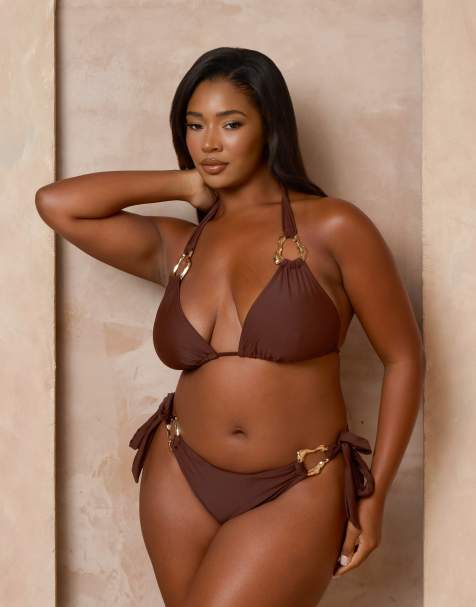 Moda Minx Curve X Alessa Tyrrell-Charles tieside bikini bottoms with molten hardware detail in coffee - view 1
