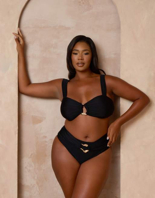 Moda Minx Curve x Alessa Tyrrell-Charles - Top bikini nero con spalline larghe e dettaglio a cerchio