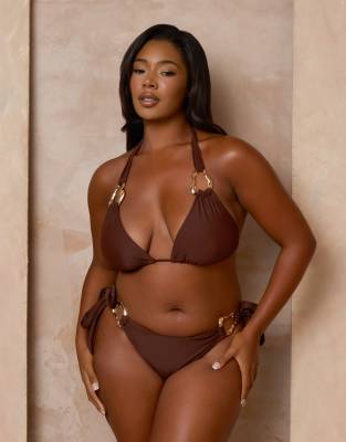Moda Minx Curve X Alessa Tyrrell-charles Triangle Bikini Top With Molten Hardware Detail In Brown