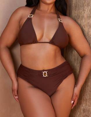 Moda Minx Curve X Bernadette Afia - Amour - Bikinihose in Kaffeebraun mit hohem Bund